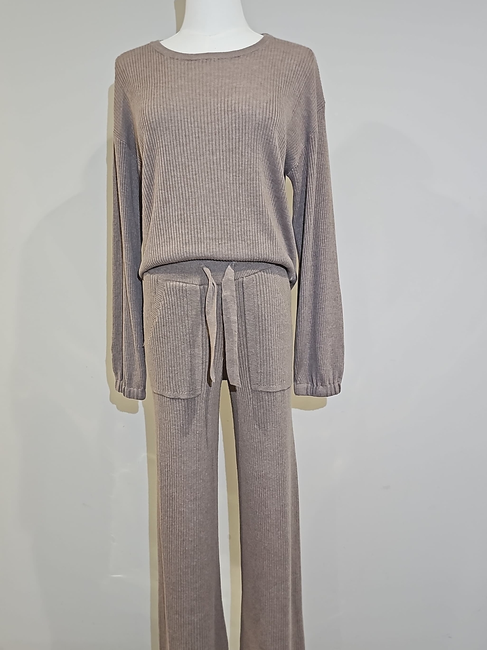 Splendid Taupe Ribbed Knit Lounge Set 2 Piece Size S NWOT Wide Leg Pants